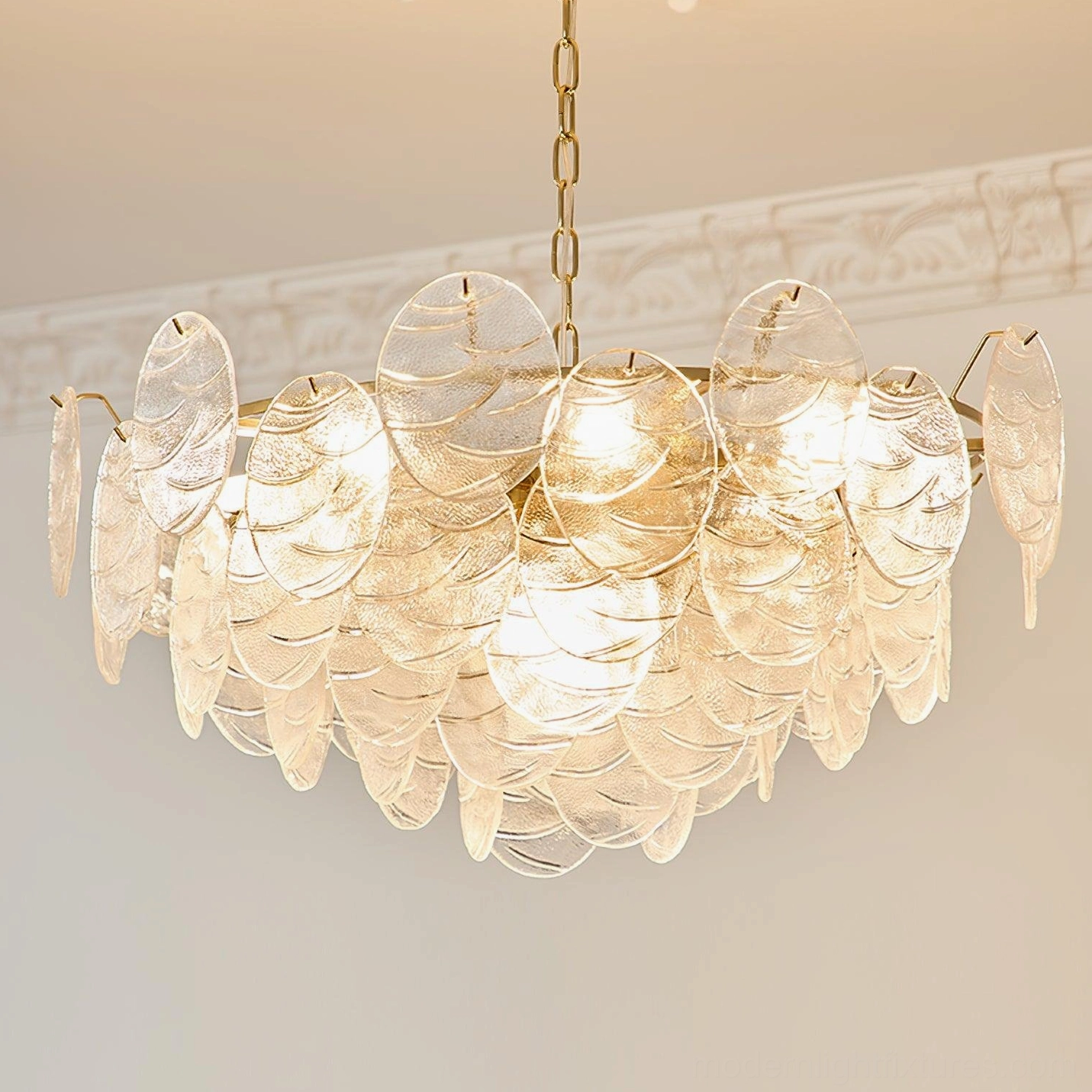 Side profile of gold disc Victorian glass chandelier with layered panel structure