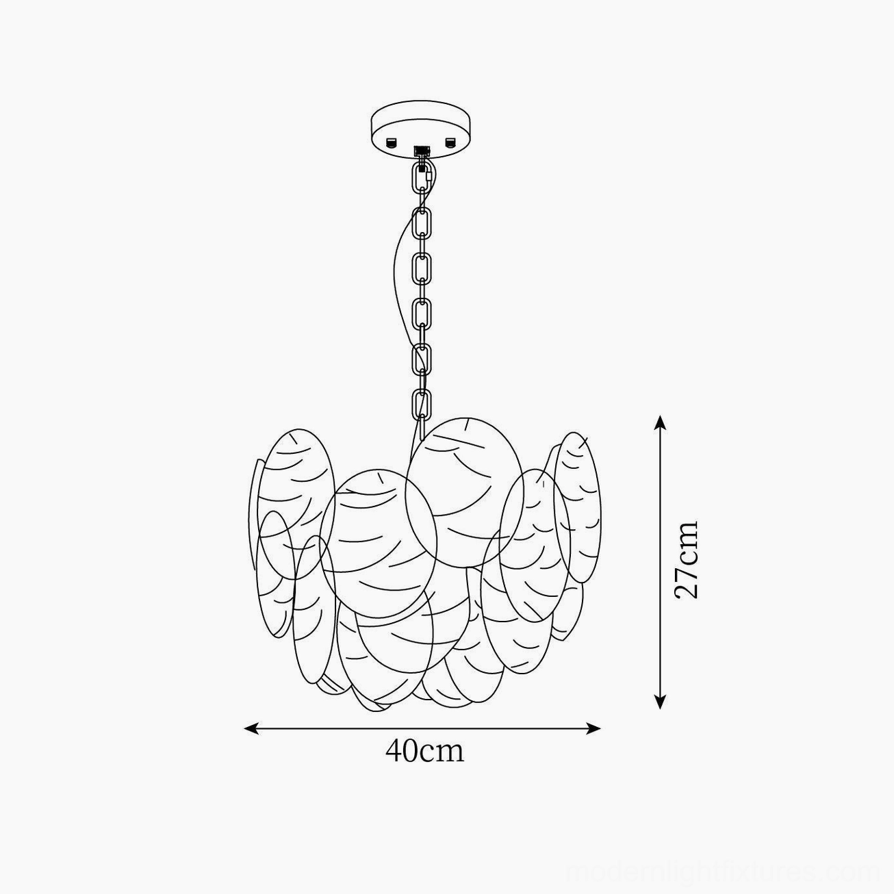 Technical dimension drawing small disc Victorian glass chandelier 40cm diameter 27cm height