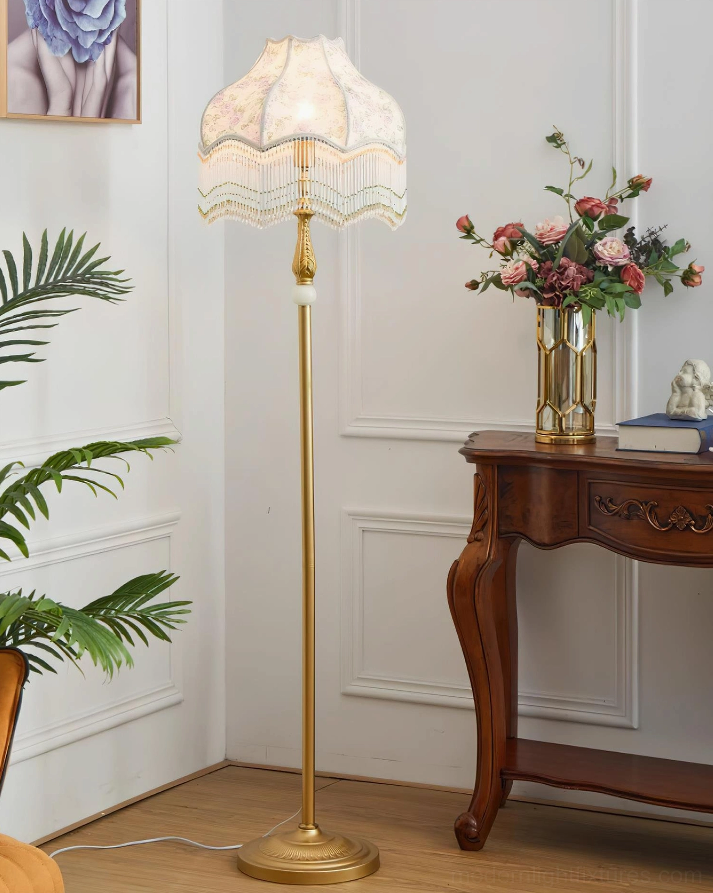 Victorian floor lamp with off-white tassel shade and gold metal pole classic design