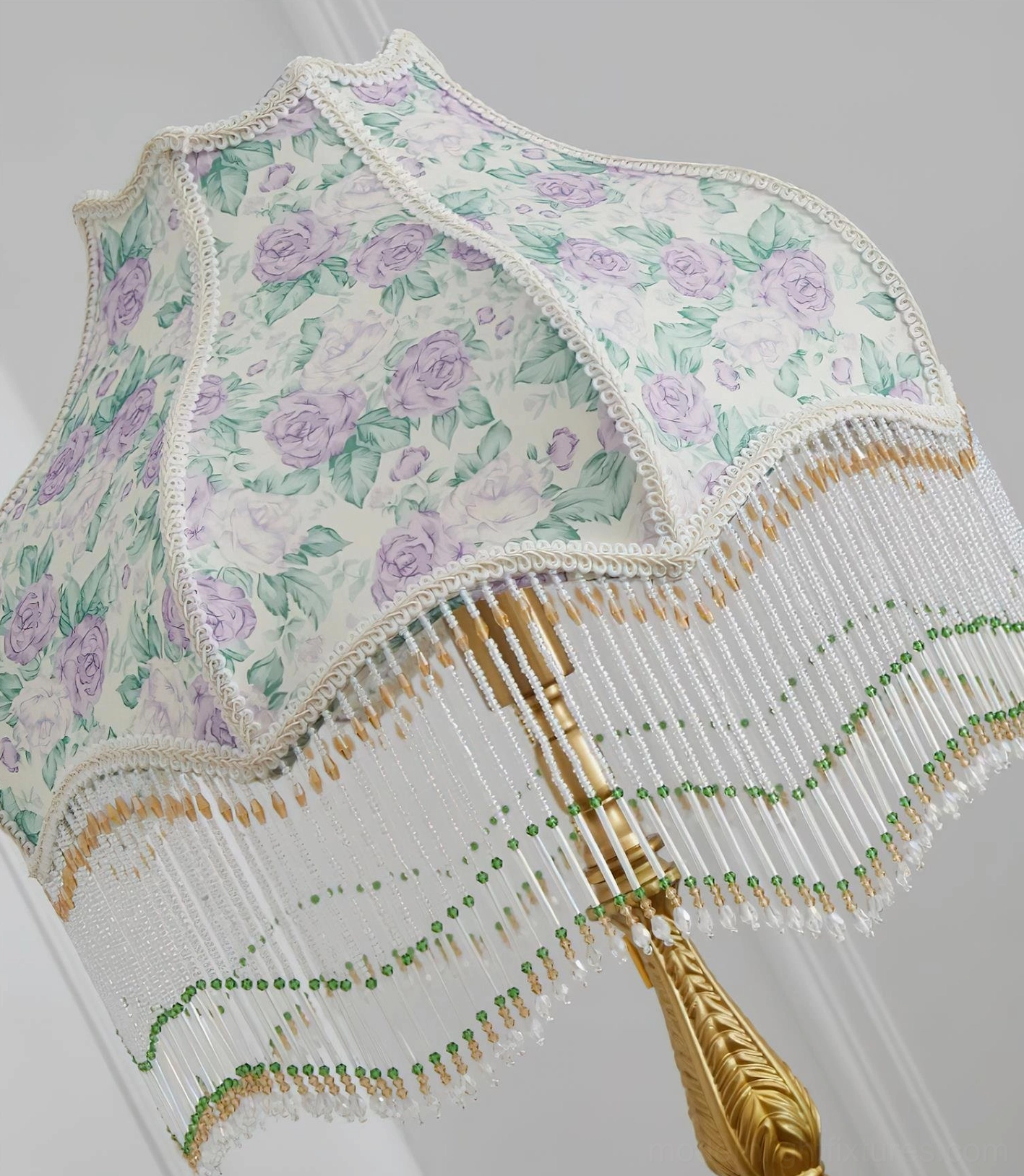 Victorian floor lamp with floral shade in home decor corner with flowers