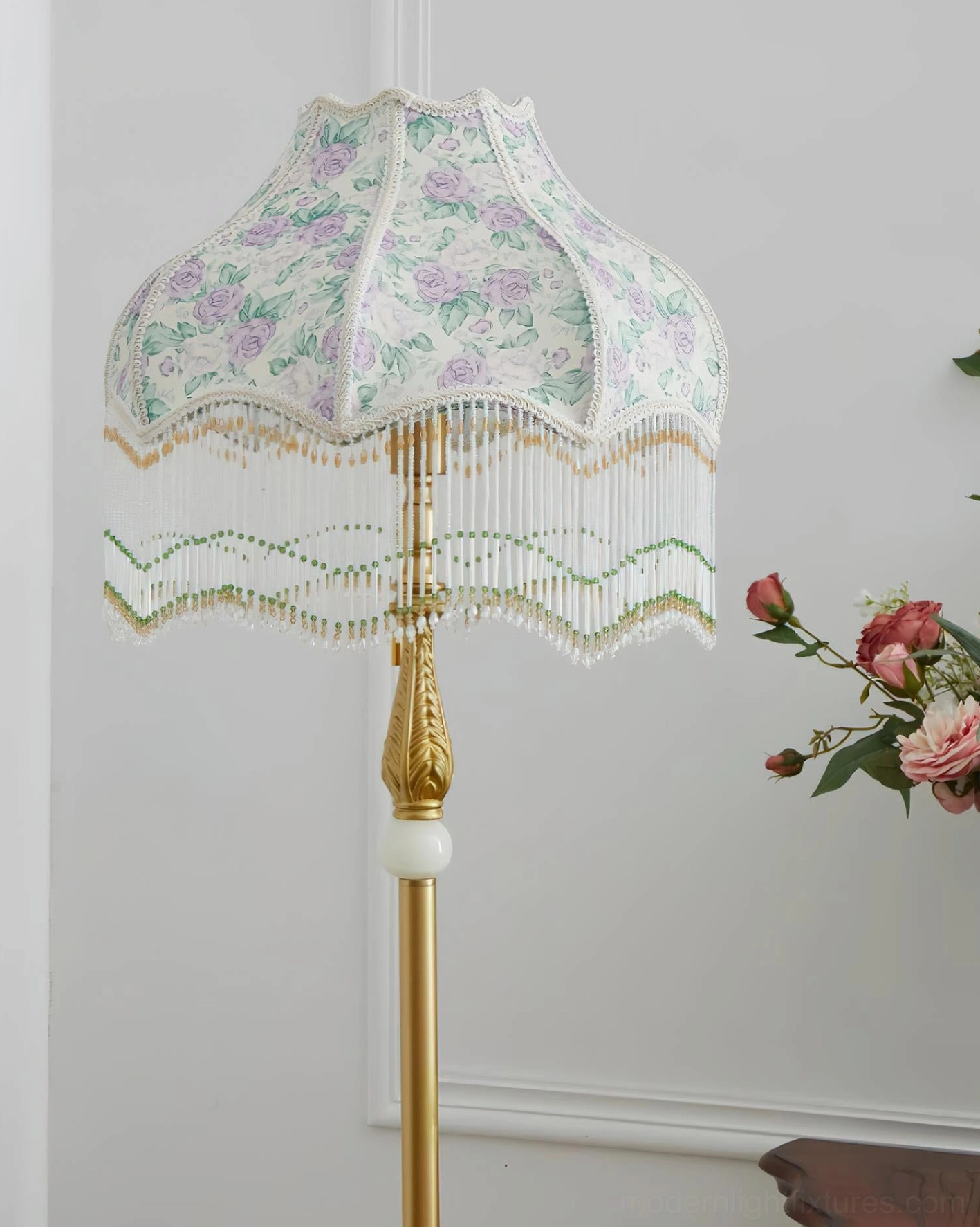 Victorian floor lamp close-up showing purple floral pattern and scalloped beaded edge
