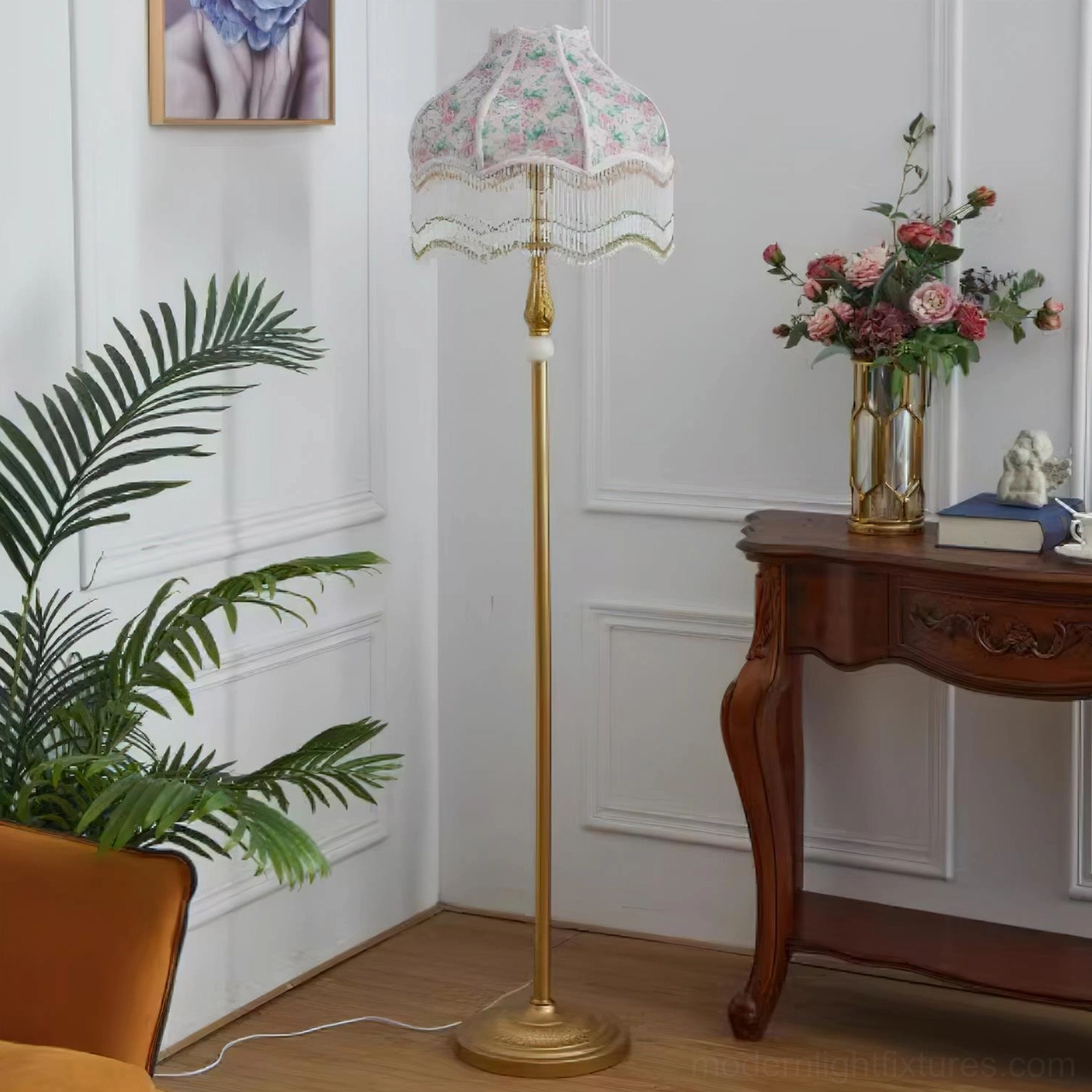 Victorian floor lamp with scalloped shade edge and intricate beading detail