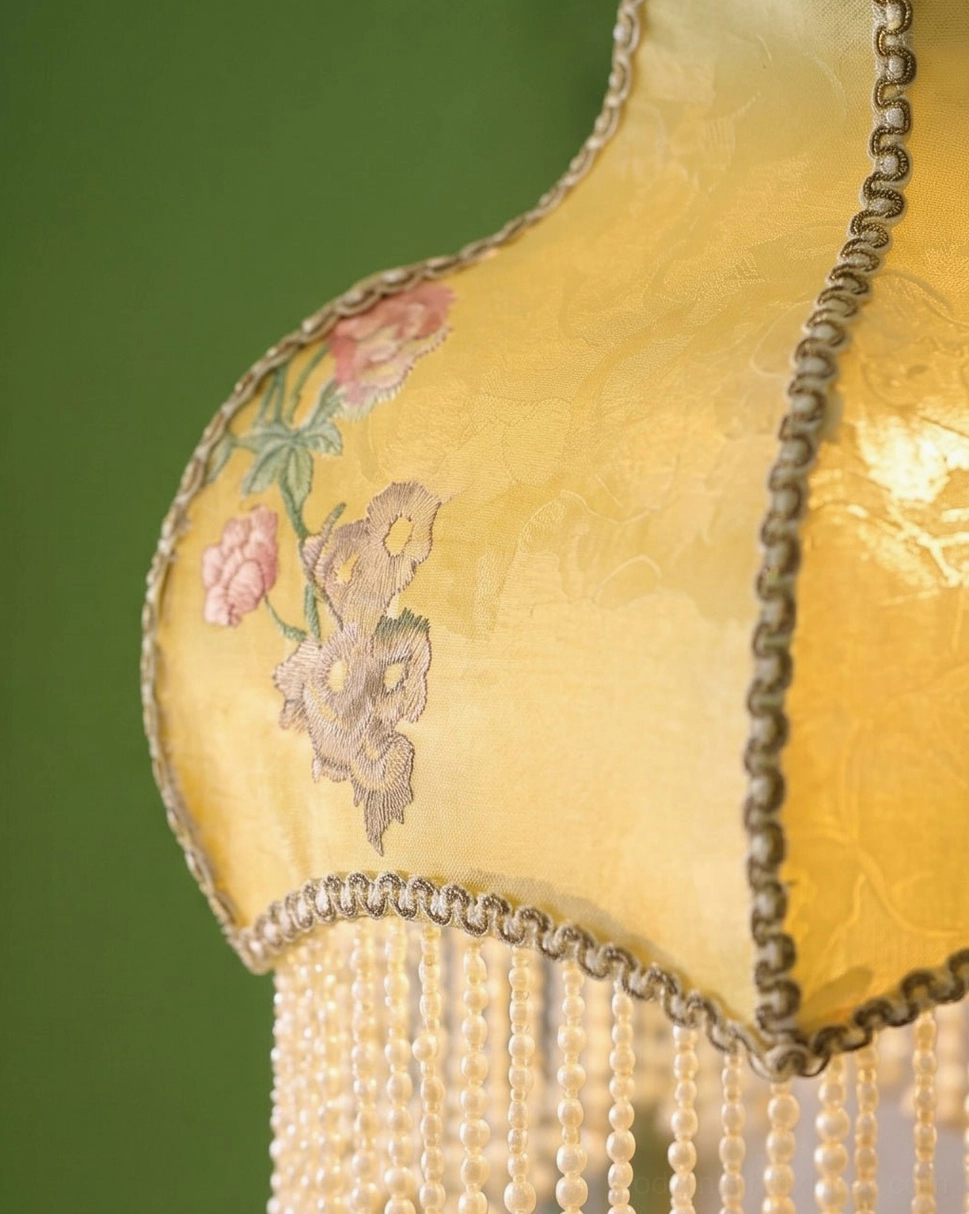 Embroidered damask pendant light featuring white ash wood detail and electroplated alloy cap