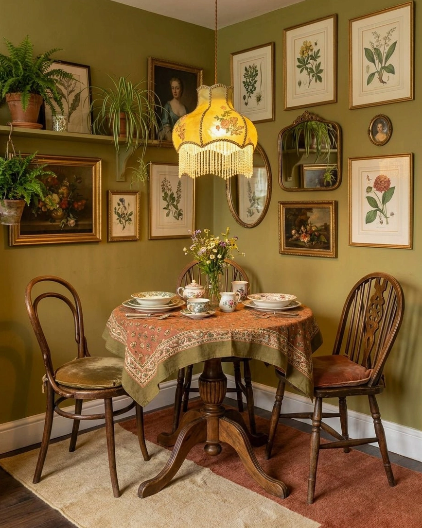 Retro beaded tassel pendant lamp illuminating family dining room with wooden chairs and botanical wall gallery