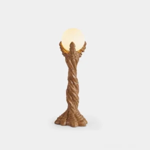 Victory Wabi-Sabi twisted resin table lamp with wood grain finish front view studio shot