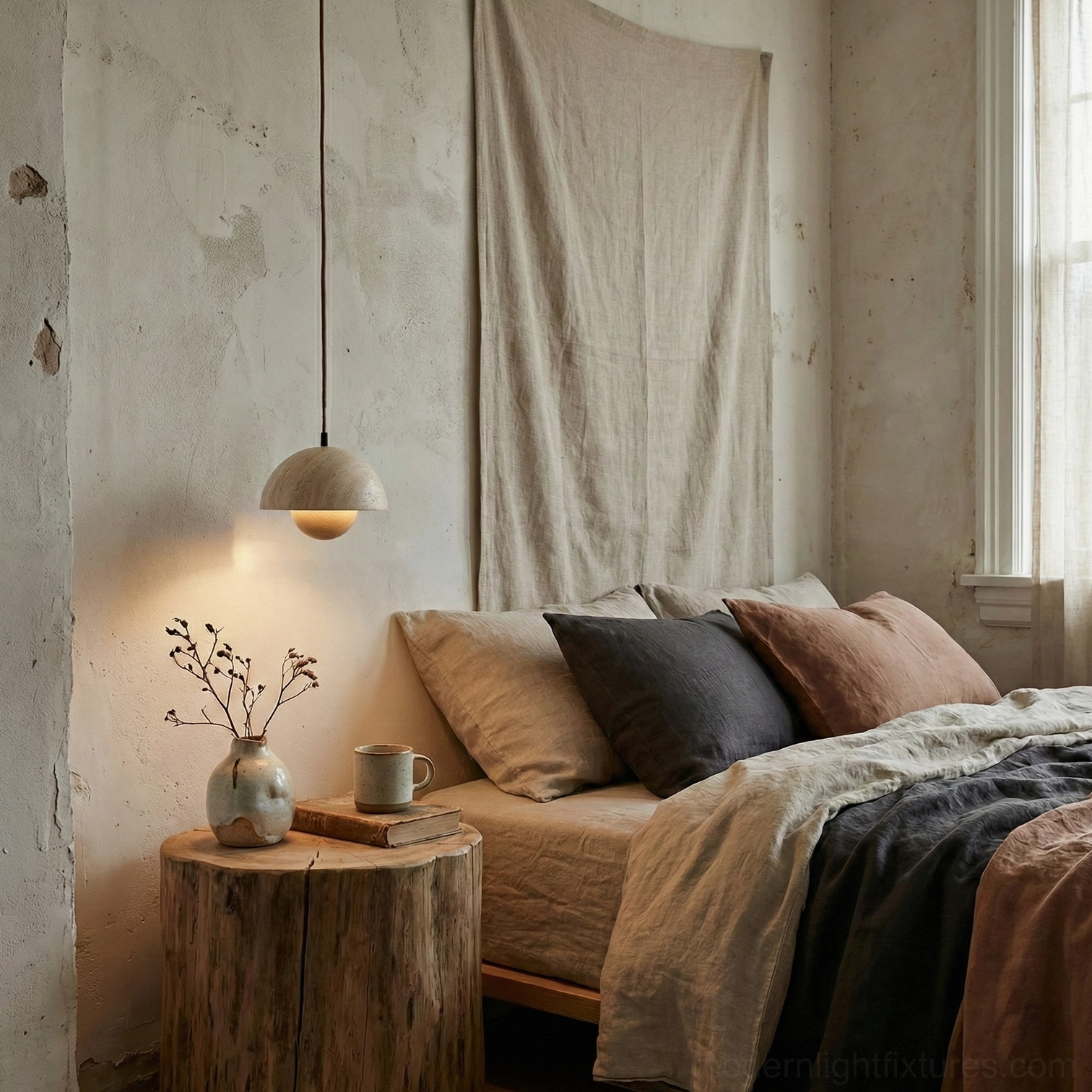 Vienna pendant light positioned above wooden bedside table in cozy wabi-sabi bedroom with warm ambient glow
