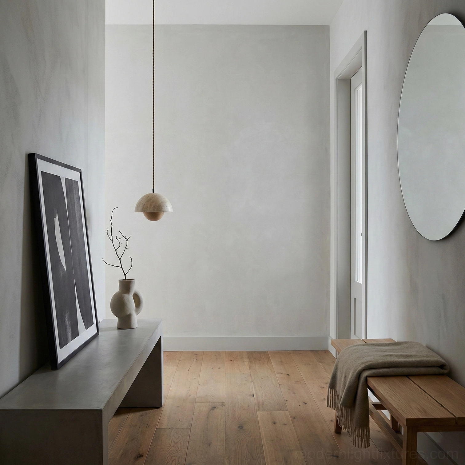 Vienna travertine pendant lamp installed in minimalist hallway entryway with neutral warm-toned decor