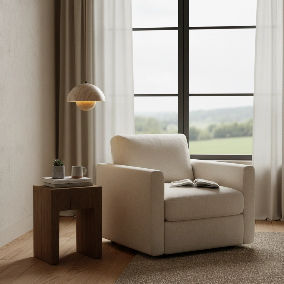 Vienna travertine dome pendant light hanging in sunlit modern lounge beside fabric armchair