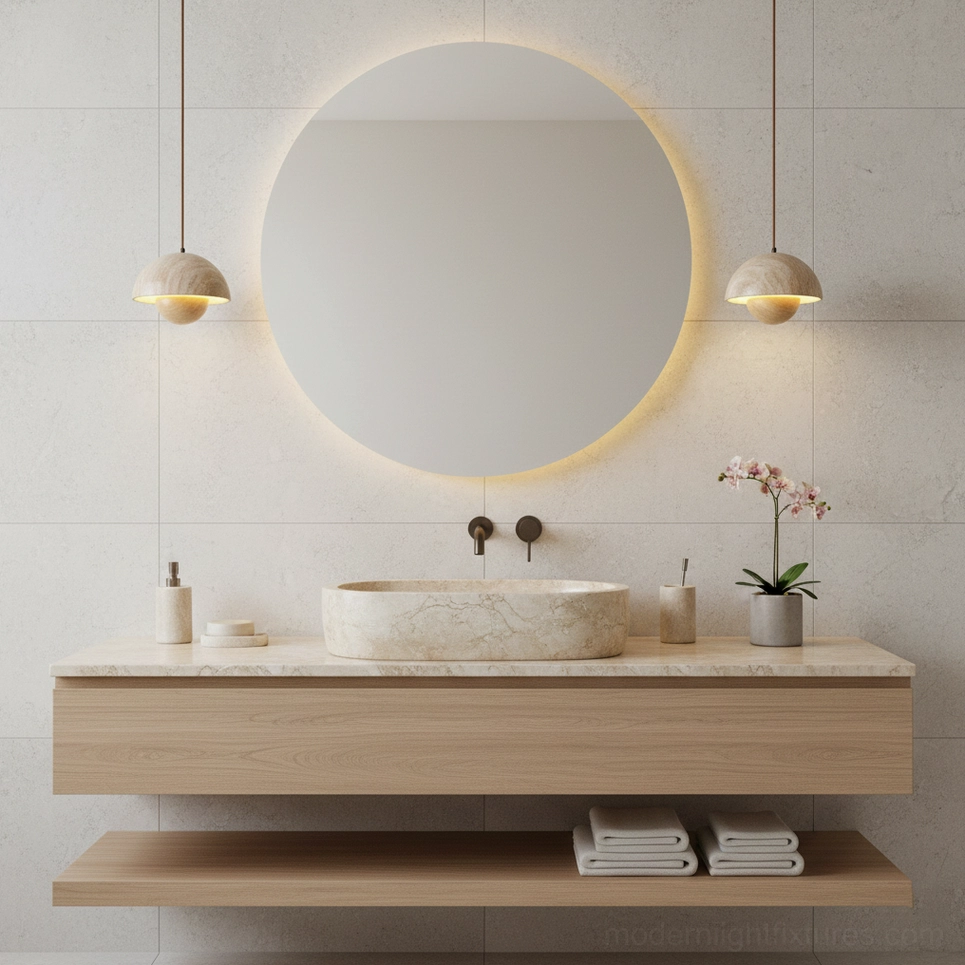 Pair of Vienna travertine pendant lights flanking round mirror in modern minimalist bathroom vanity