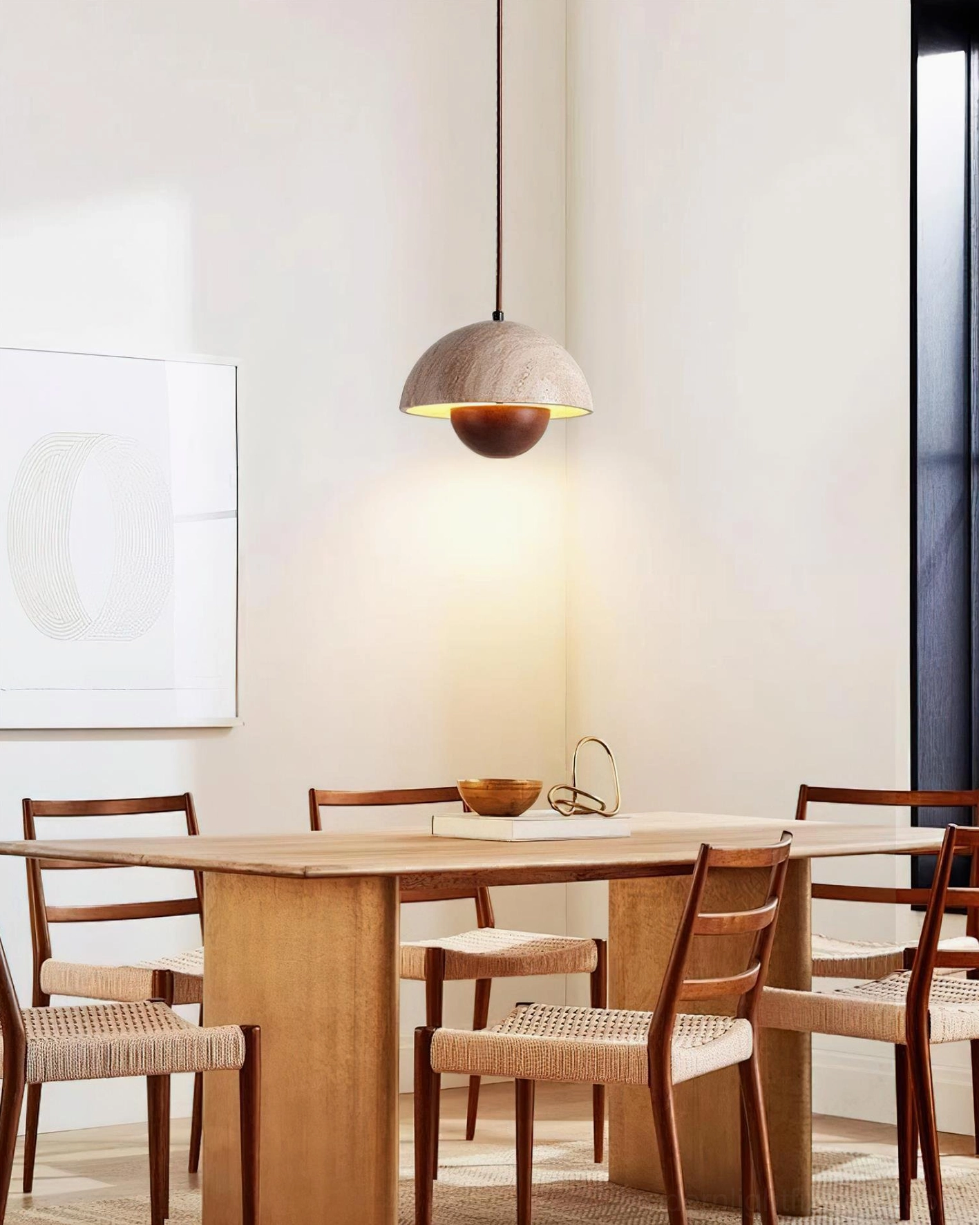 Vienna dome pendant light in walnut color finish showing wood tone and travertine contrast