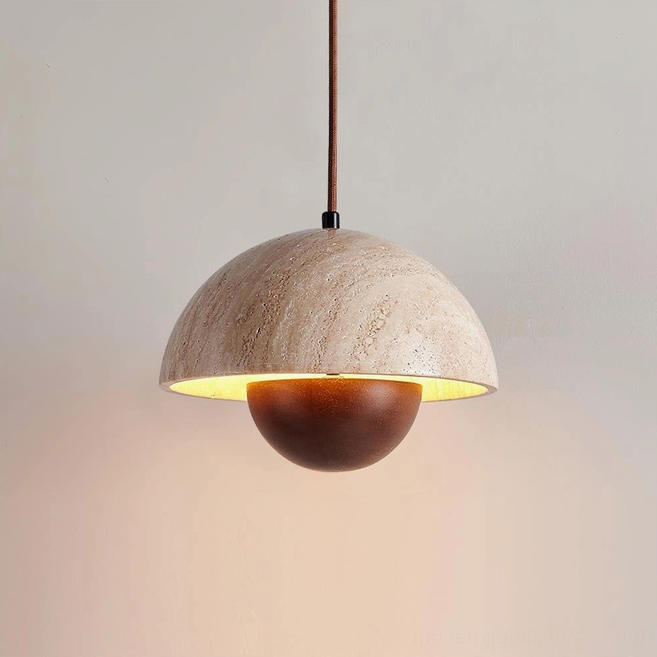 Vienna pendant light in walnut finish suspended in contemporary interior with industrial chic elements
