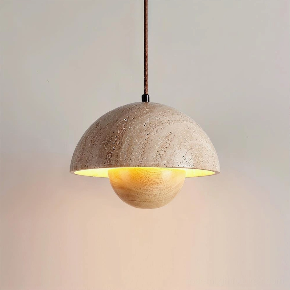 Vienna travertine pendant lamp in wood color finish displaying natural stone texture and spherical wooden base