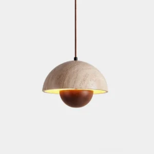 Vienna travertine dome pendant light with wooden sphere base, studio shot showcasing natural stone texture