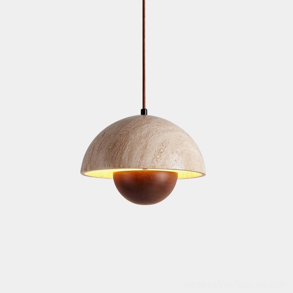 Vienna travertine dome pendant light with wooden sphere base, studio shot showcasing natural stone texture