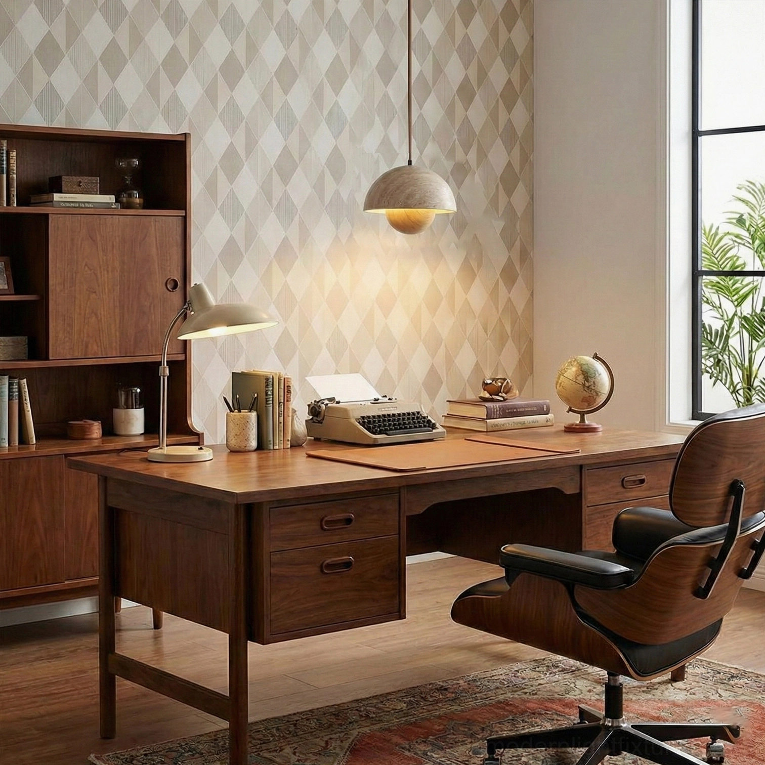 Vienna modern travertine stone pendant light with integrated LED technology and wooden base detail