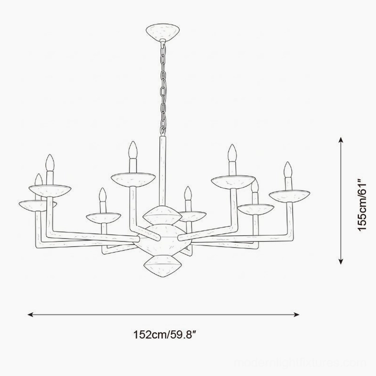 Sculptural vine chandelier technical blueprint 152cm width specifications, orthographic front view