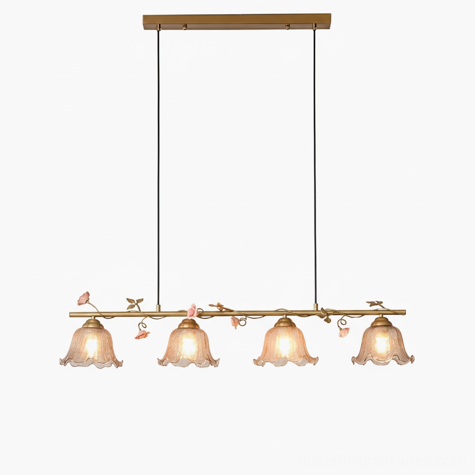 Vine Sonata 4-light floral pendant chandelier in multiple color options: brass, cognac, and pink glass shades
