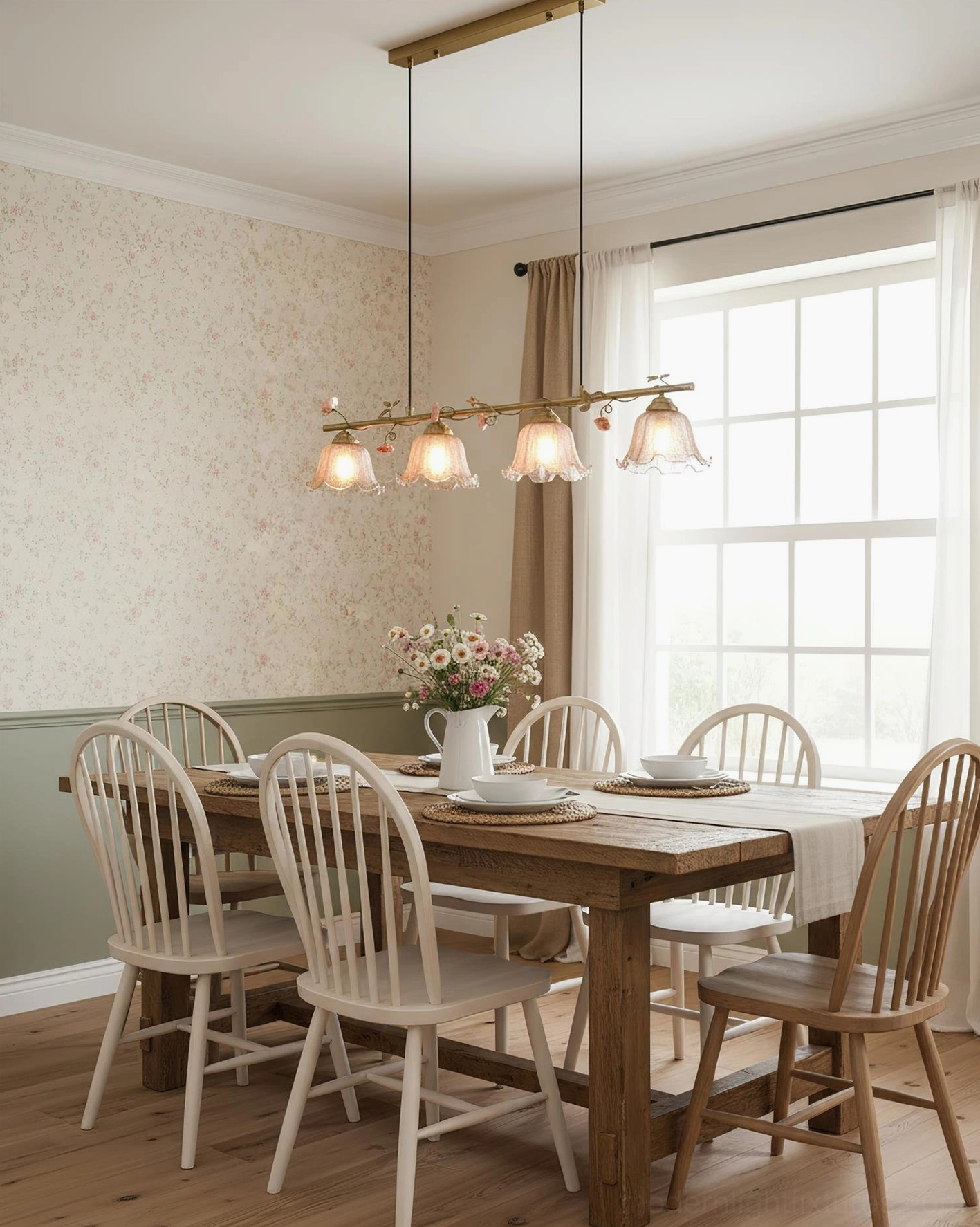 4-light floral linear chandelier in pink glass shades with antique brass frame and ceramic flower embellishments