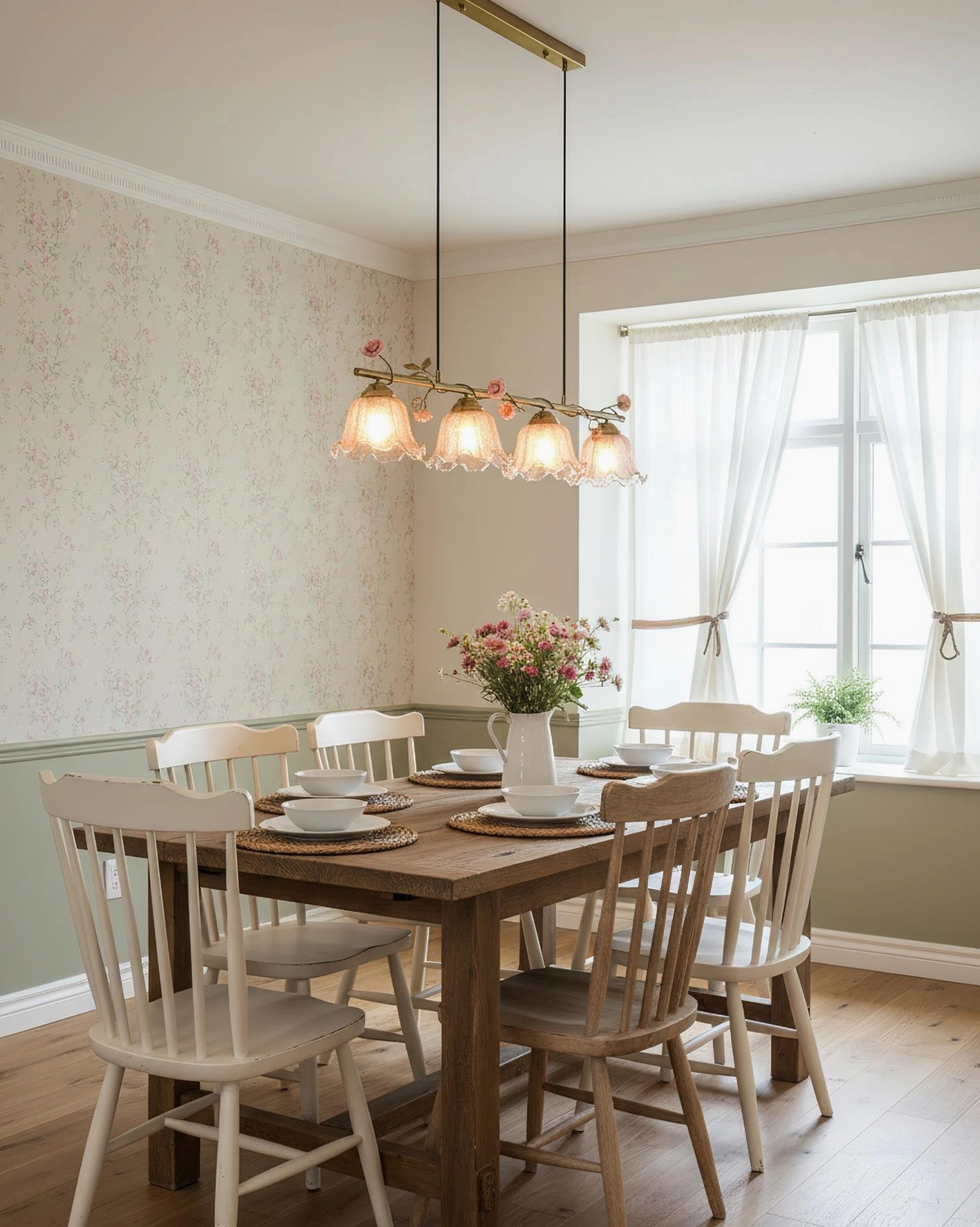 Vine Sonata 4-light floral dining chandelier in cozy farmhouse dining room with warm brass lighting