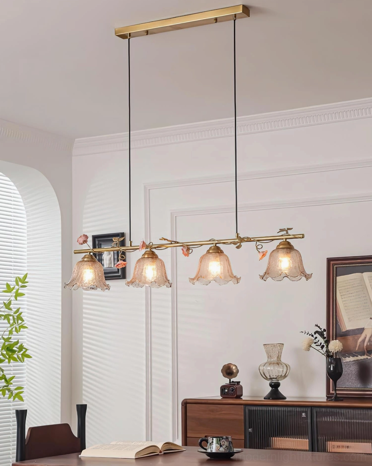 Vine Sonata 4-light pendant with brass finish and cognac smoked glass, contemporary farmhouse style