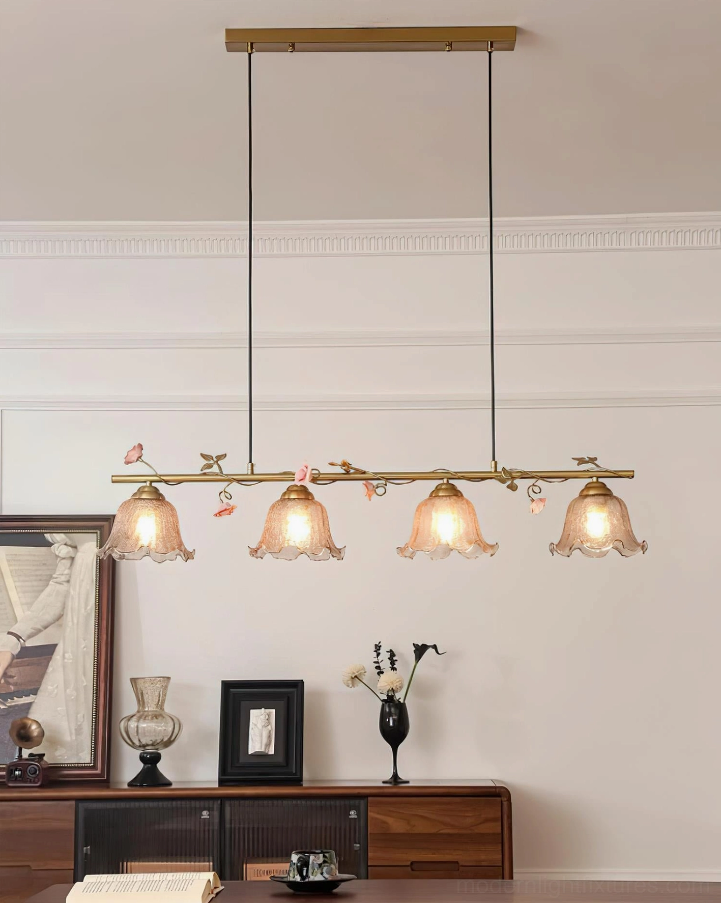 4-light linear floral brass chandelier with hand-formed glass shades and ceramic flower embellishments, detail photography