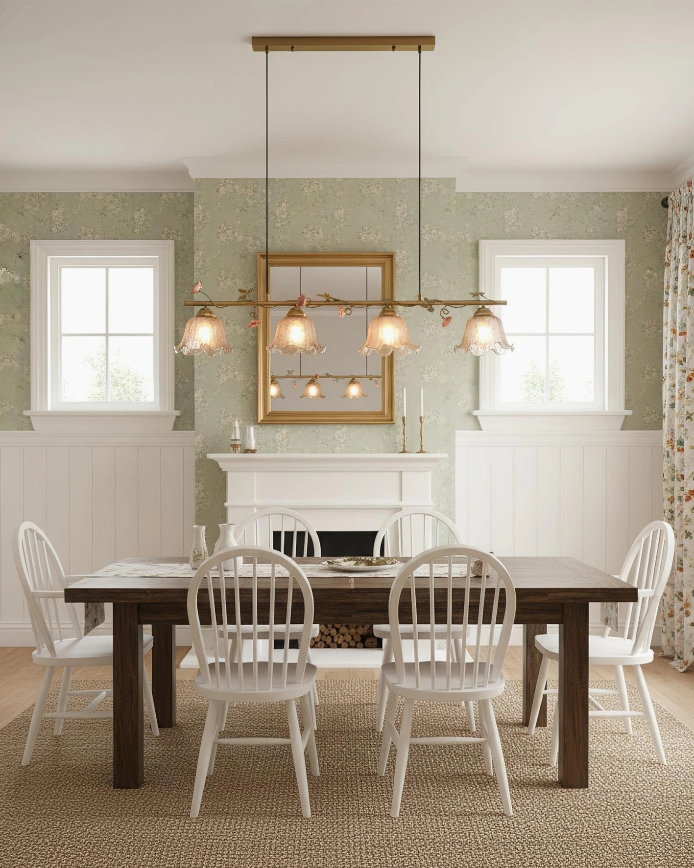 Vine Sonata 4-light floral dining chandelier creating warm ambient lighting in rustic farmhouse dining space with fireplace