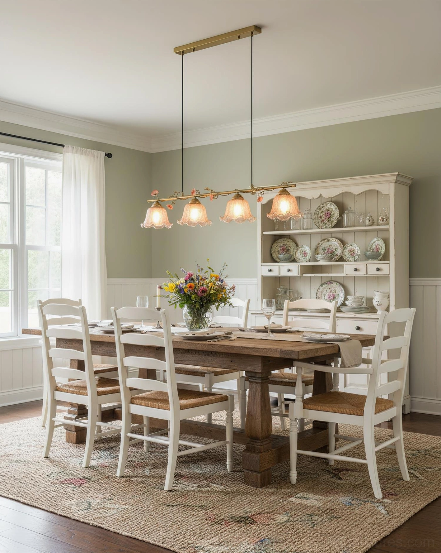 4-light brass linear pendant chandelier with ruffled smoked glass bell shades, botanical design detail