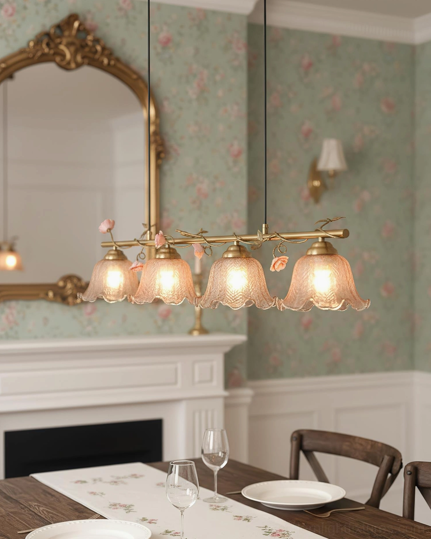 Vine Sonata 4-light floral chandelier with cognac glass shades and ceramic flower accents, detail view