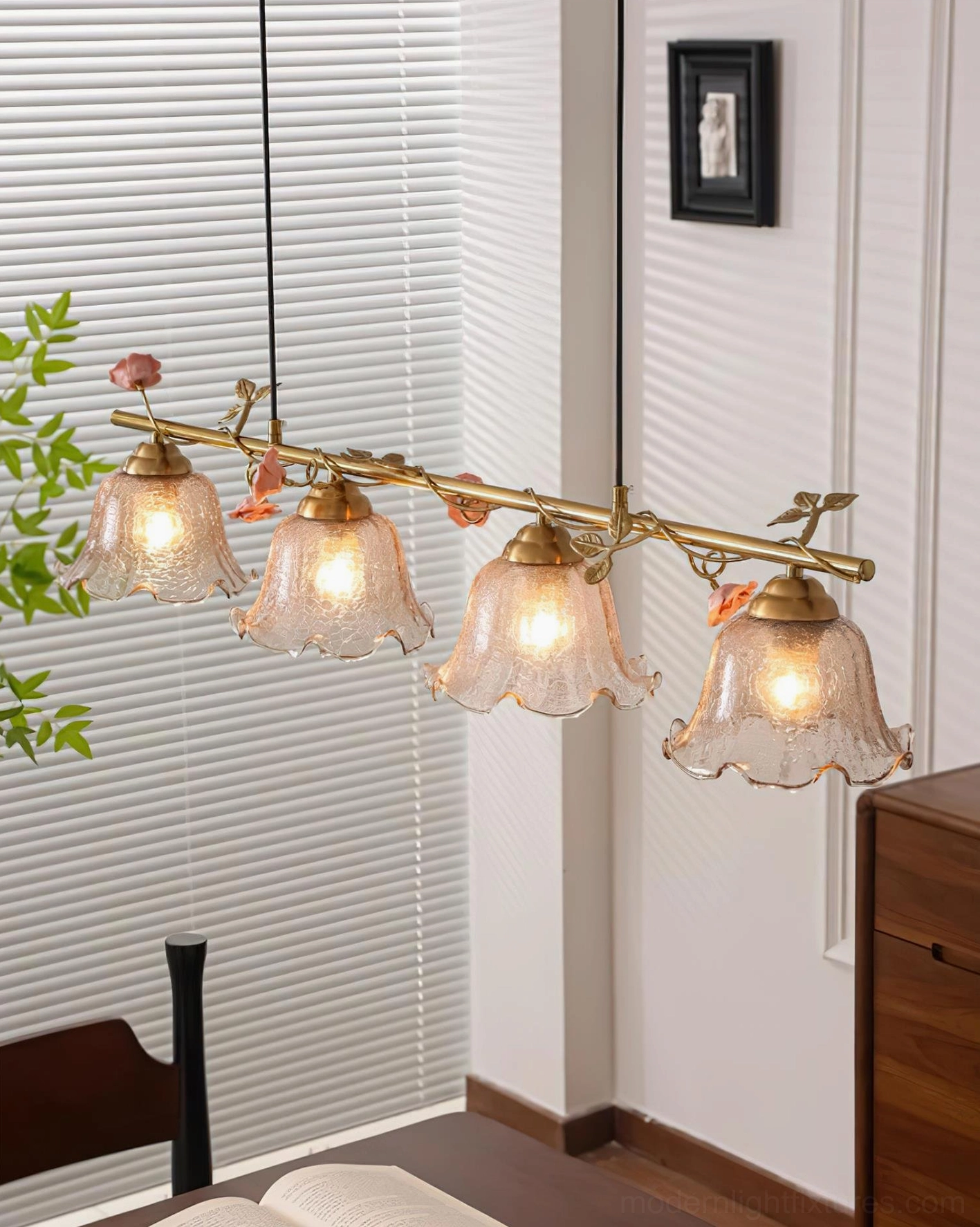 Vine Sonata floral chandelier creating ambient lighting in modern farmhouse interior, brass and glass