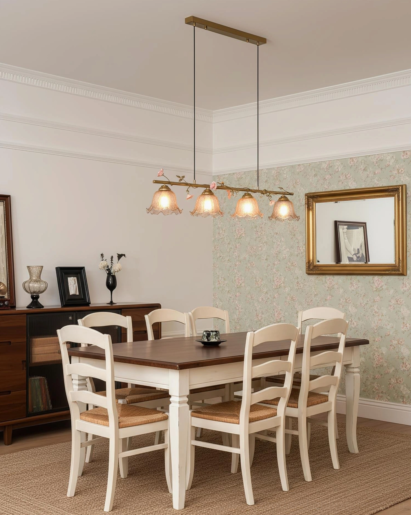 Vine Sonata 4-light dining chandelier with ruffled glass shades and brass floral accents, grey studio background