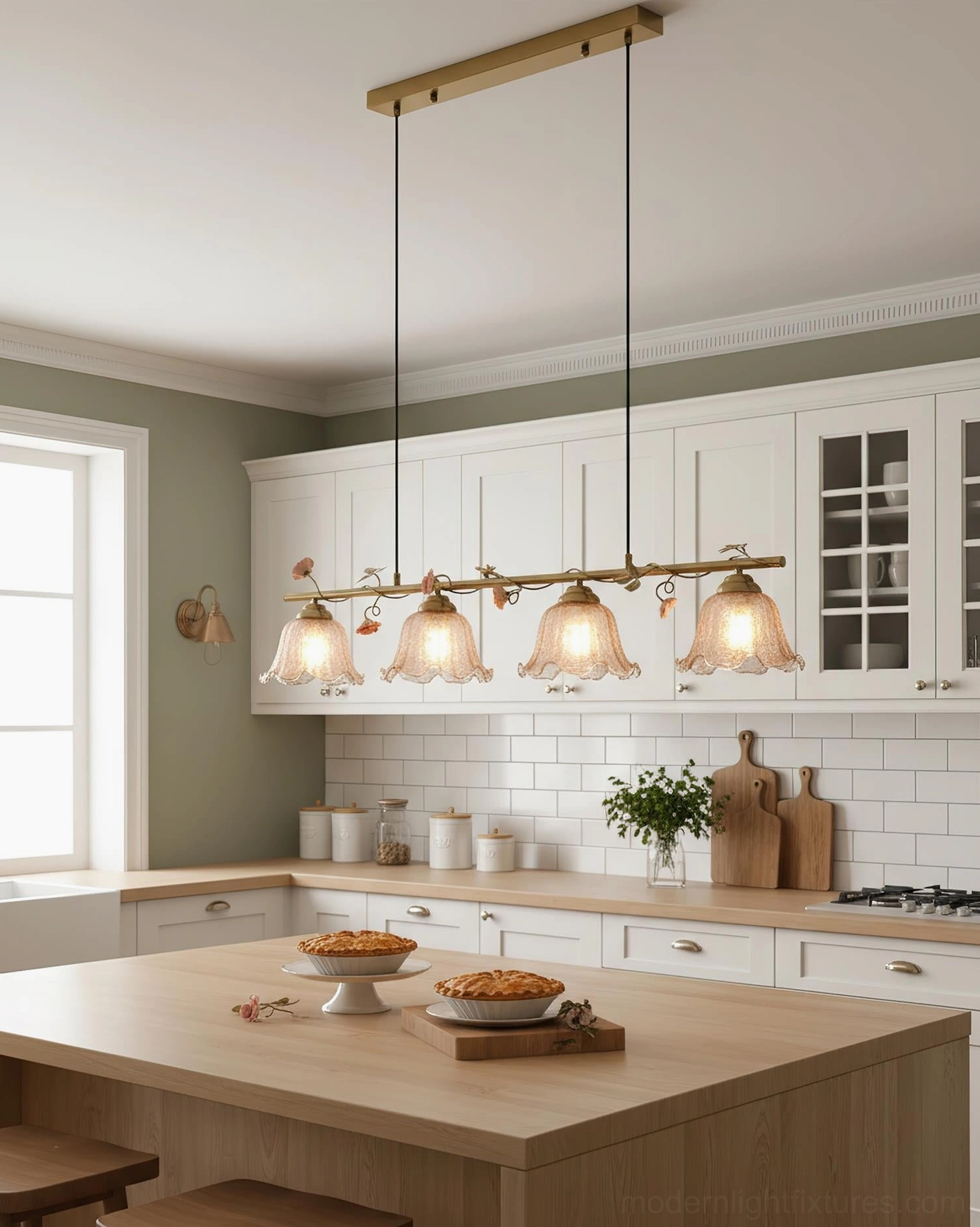 Vine Sonata floral dining chandelier showing warm ambient lighting and hand-formed glass shade texture