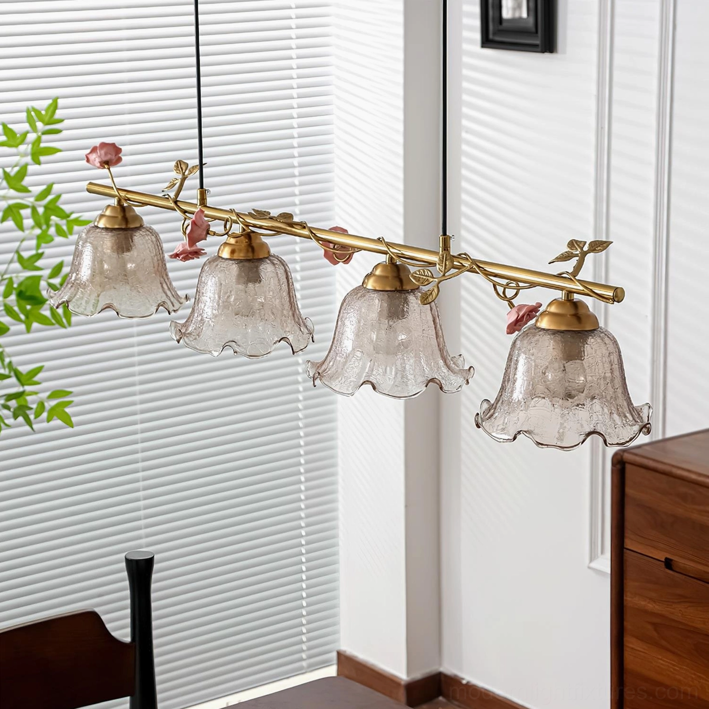 4-light linear floral chandelier with ruffled glass shades and flower-decorated brass frame, dining room ambiance