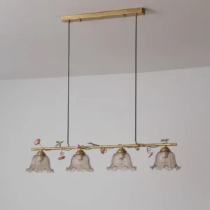 4-light linear floral chandelier with antique brass frame and hand-formed smoked glass bell shades, direct product photography