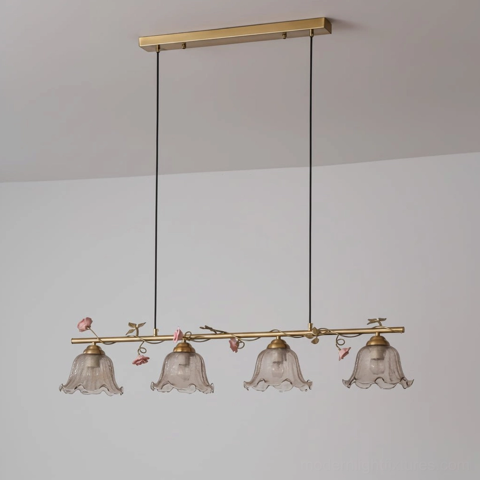 4-light linear floral chandelier with antique brass frame and hand-formed smoked glass bell shades, direct product photography