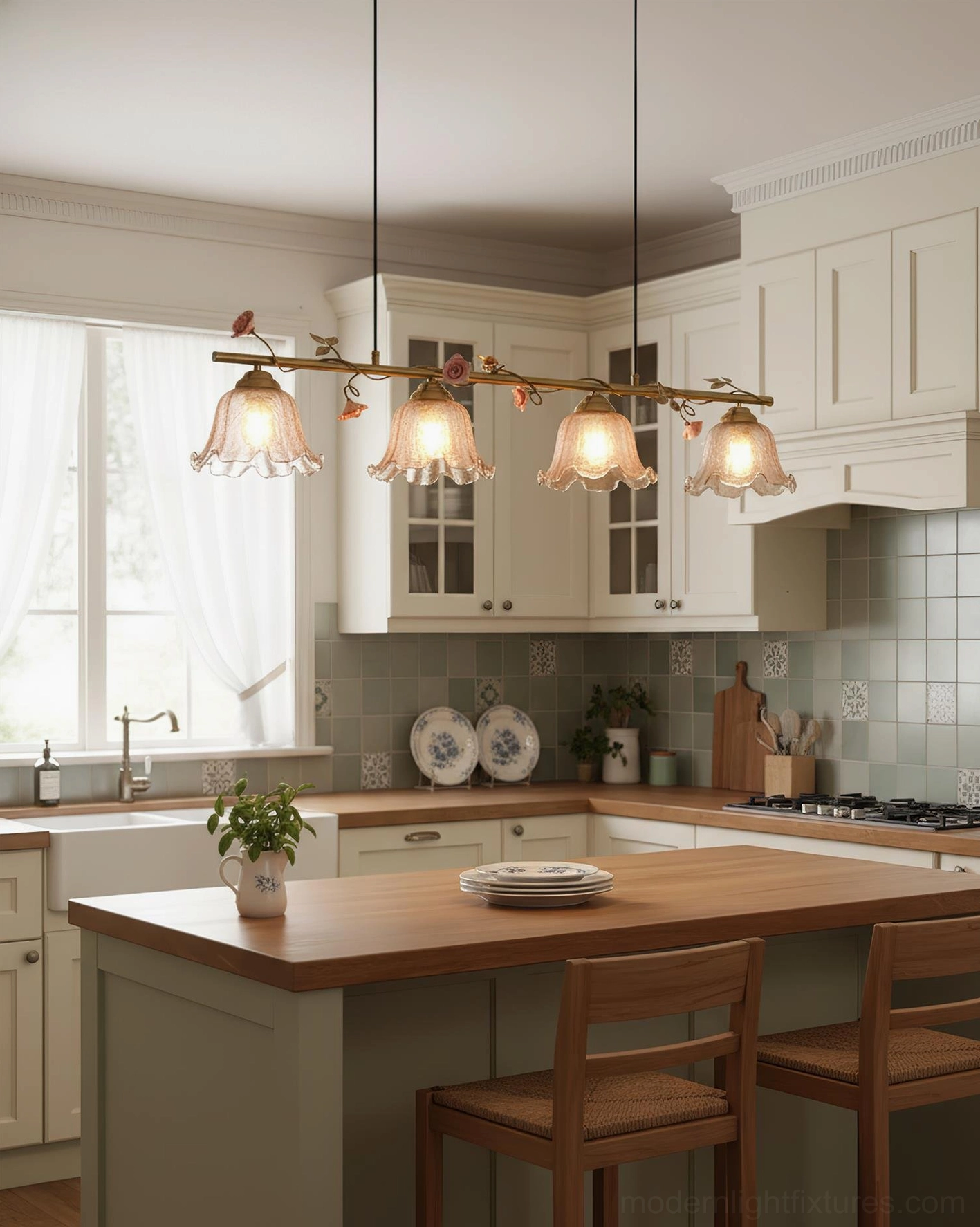 4-light kitchen island pendant light with antique brass frame and smoked glass shades, studio display