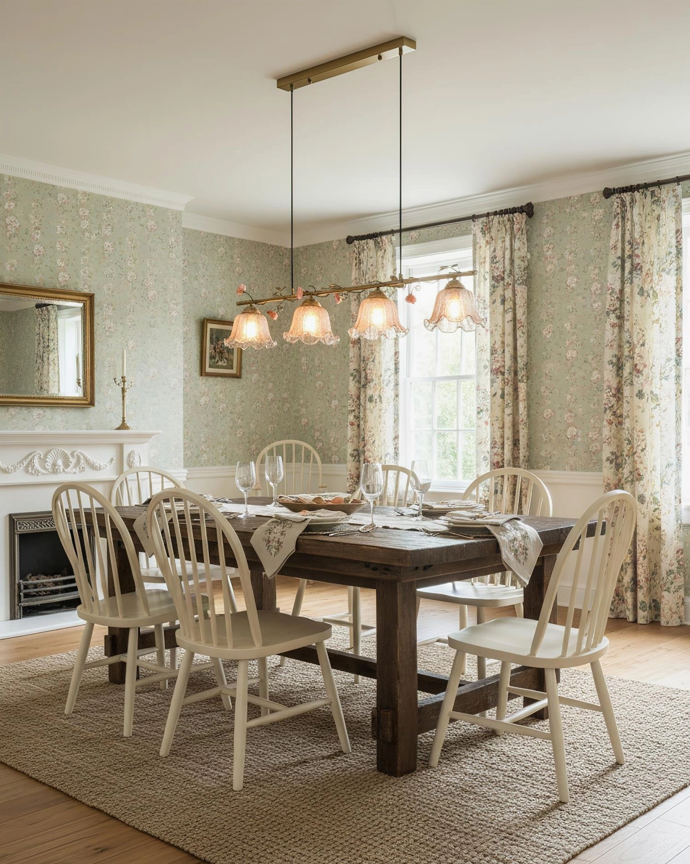 4-light linear floral dining chandelier with brass frame and ornamental flower details in spacious countryside farmhouse dining room
