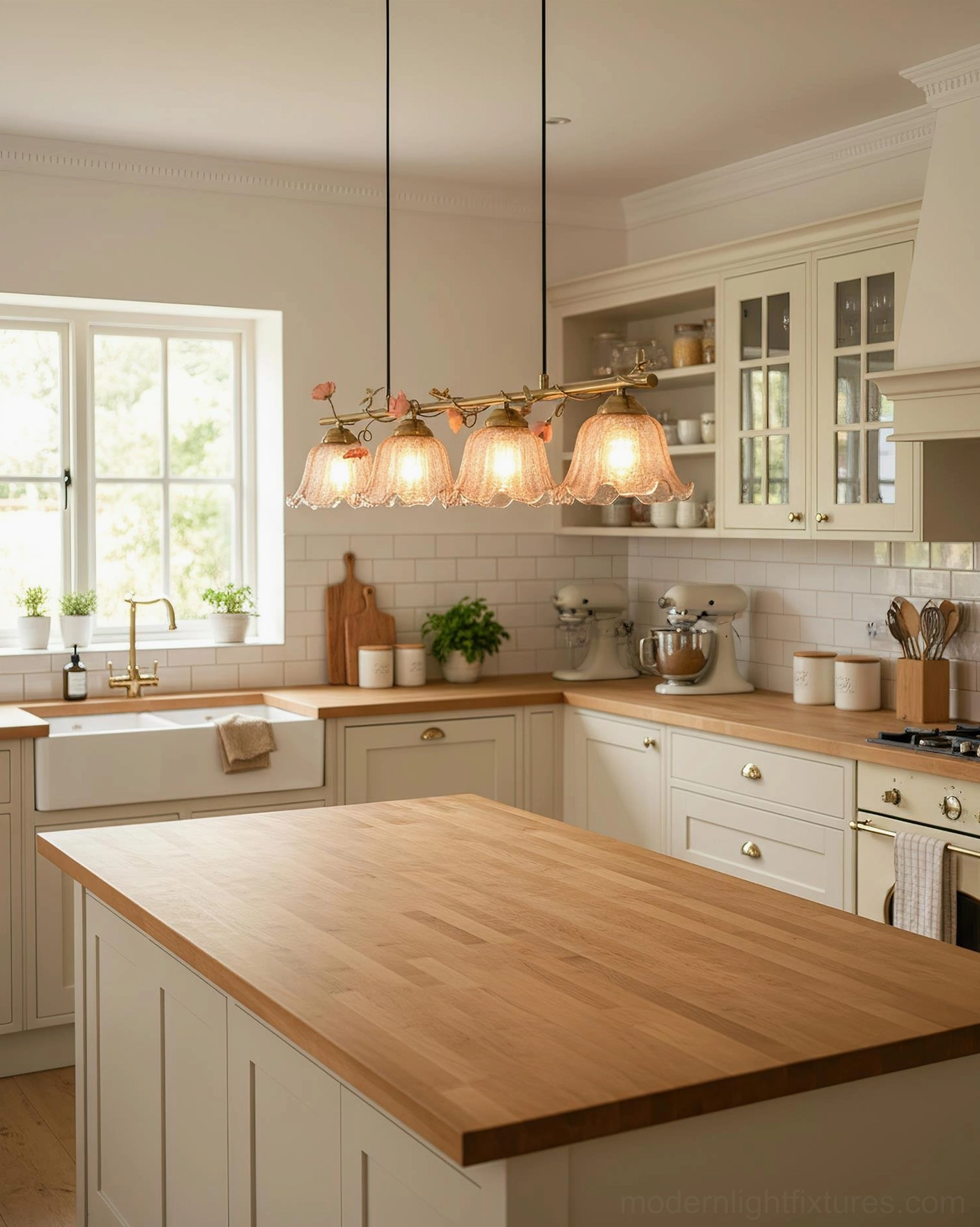 4-light kitchen island pendant with antique brass finish and ruffled smoked glass shades, modern farmhouse kitchen
