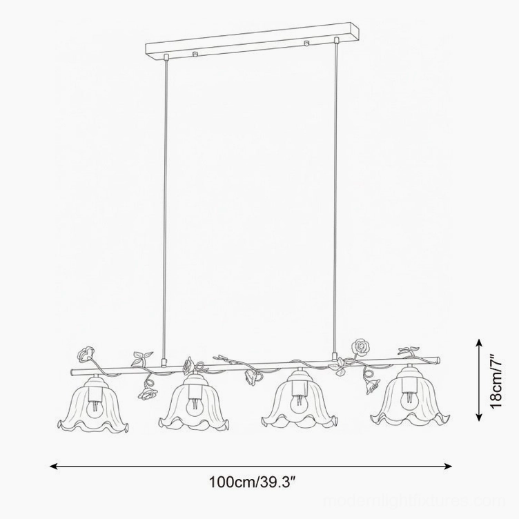Technical blueprint and orthographic drawing of Vine Sonata 4-light linear chandelier showing 100cm length and 18cm height dimensions