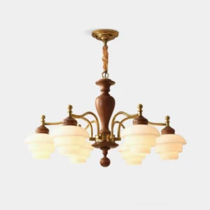 8-light vintage wood and metal chandelier with frosted glass shades - front product view with brass-toned metal frame and layered opal glass covers