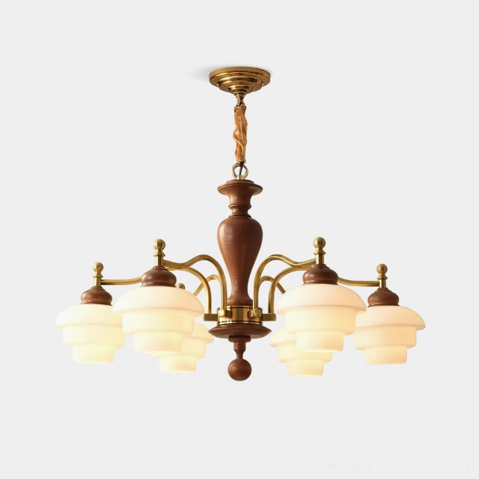 8-light vintage wood and metal chandelier with frosted glass shades - front product view with brass-toned metal frame and layered opal glass covers