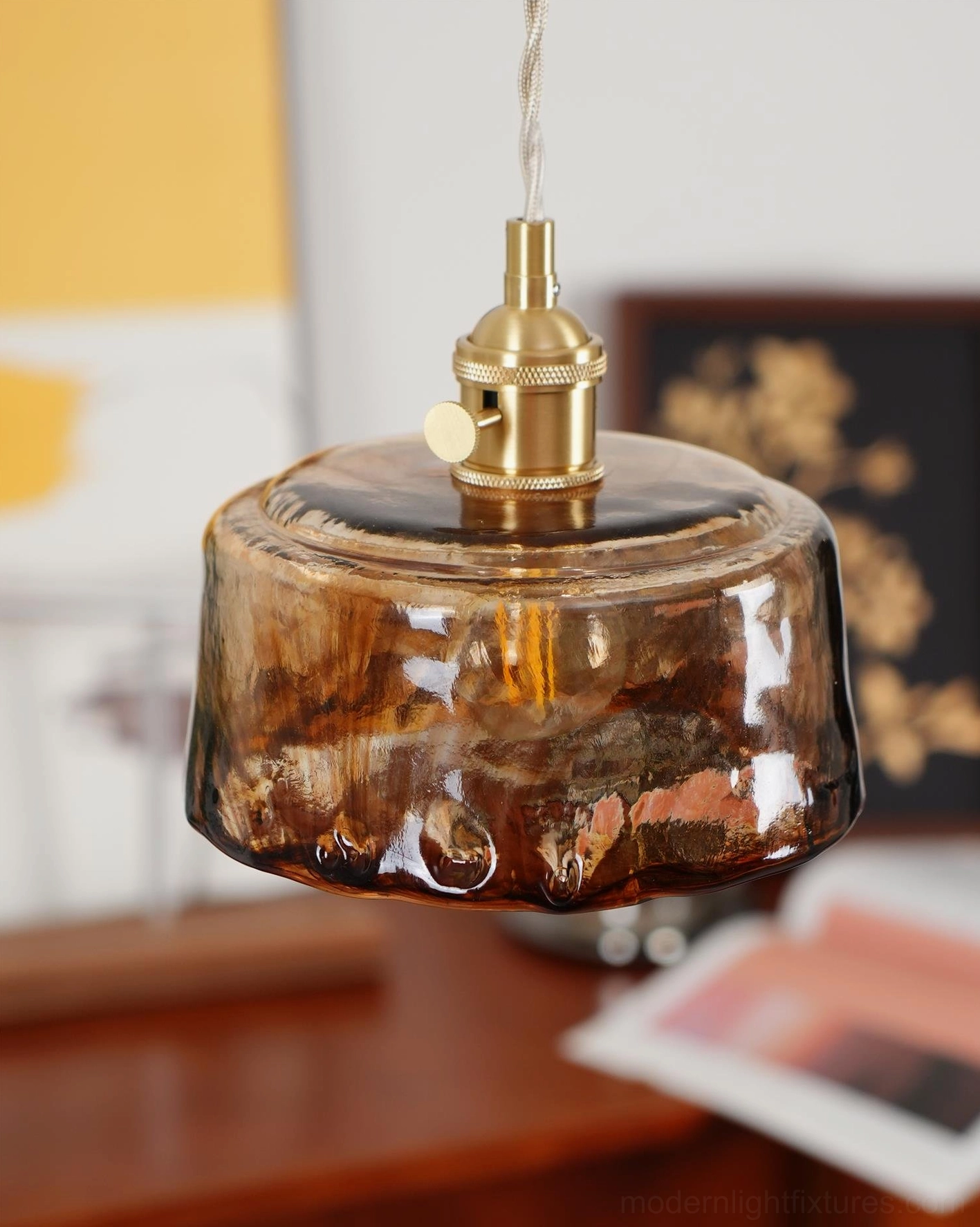 Vintage Adonia retro amber pendant - textured glass shade detail