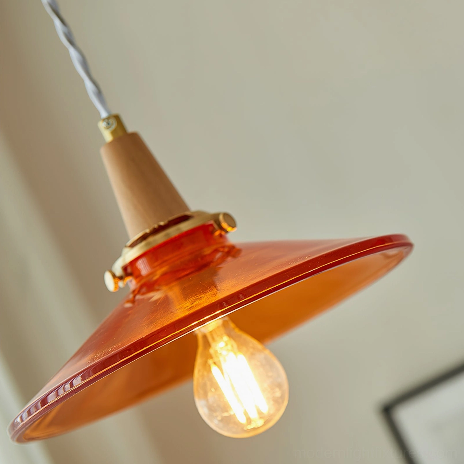 Vintage amber glass pendant lamp full product shot displaying translucent shade and hanging hardware