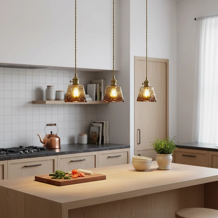Single vintage amber glass pendant lamp in contemporary interior space