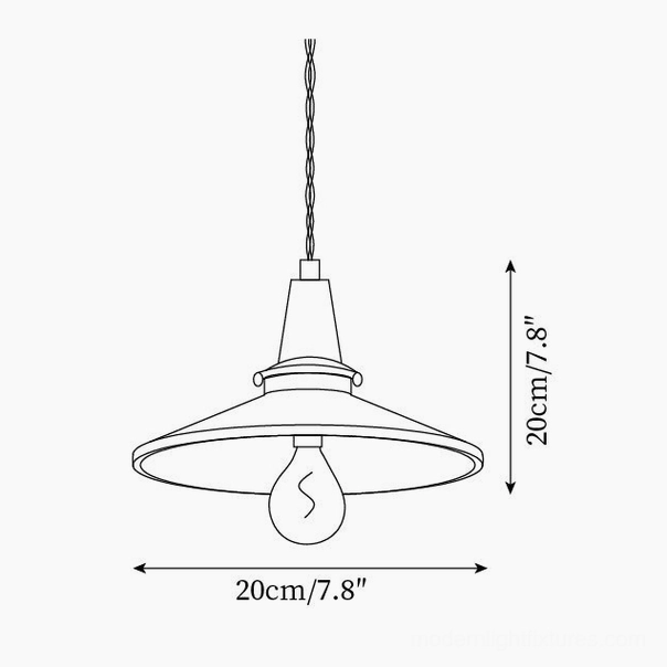 Vintage glass pendant lamp technical line drawing showing diameter 20cm dimensions and specifications