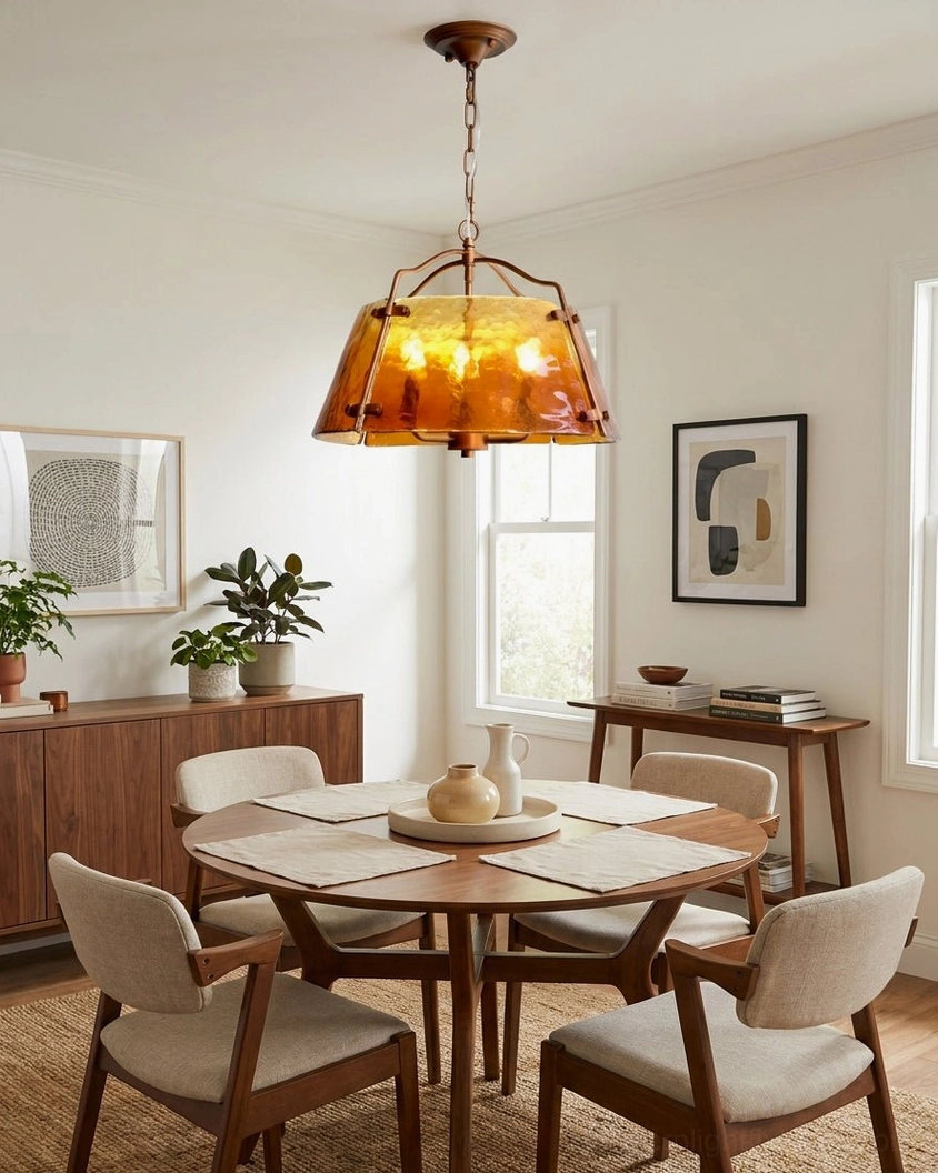 Vintage amber pendant light in modern dining room, mid-century rustic interior with warm ambient lighting