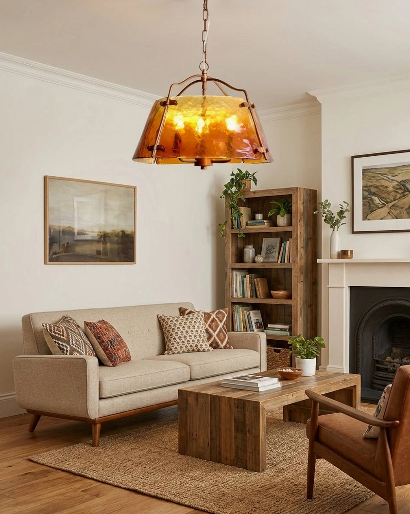 Antique copper amber pendant light above living room fireplace with bookshelves and warm wood tones