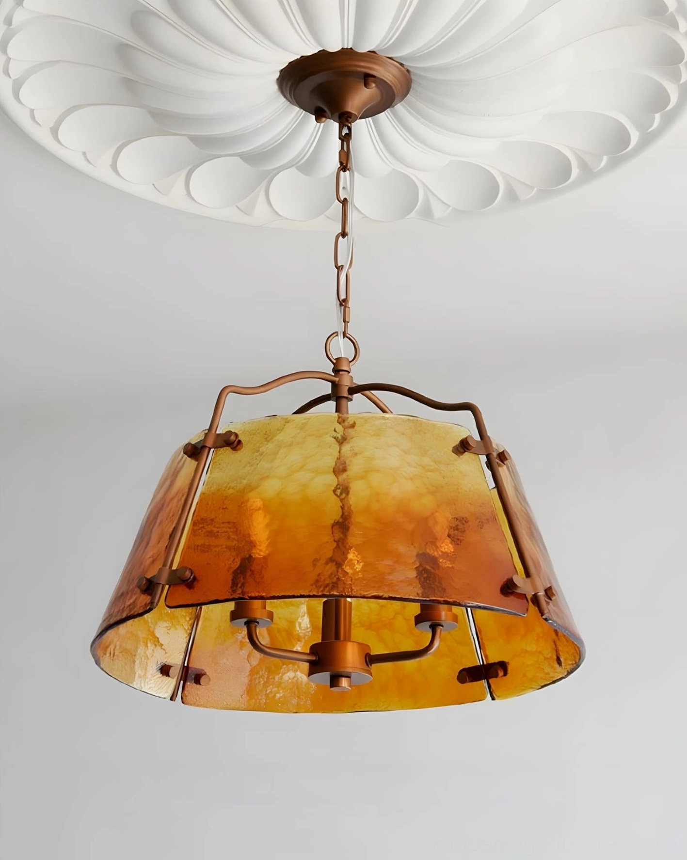 Antique copper and amber vintage pendant light fixture, detailed close-up of hammered glass texture