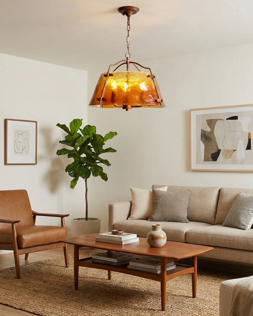 Cozy vintage amber glass pendant light in living room with neutral warm home decor