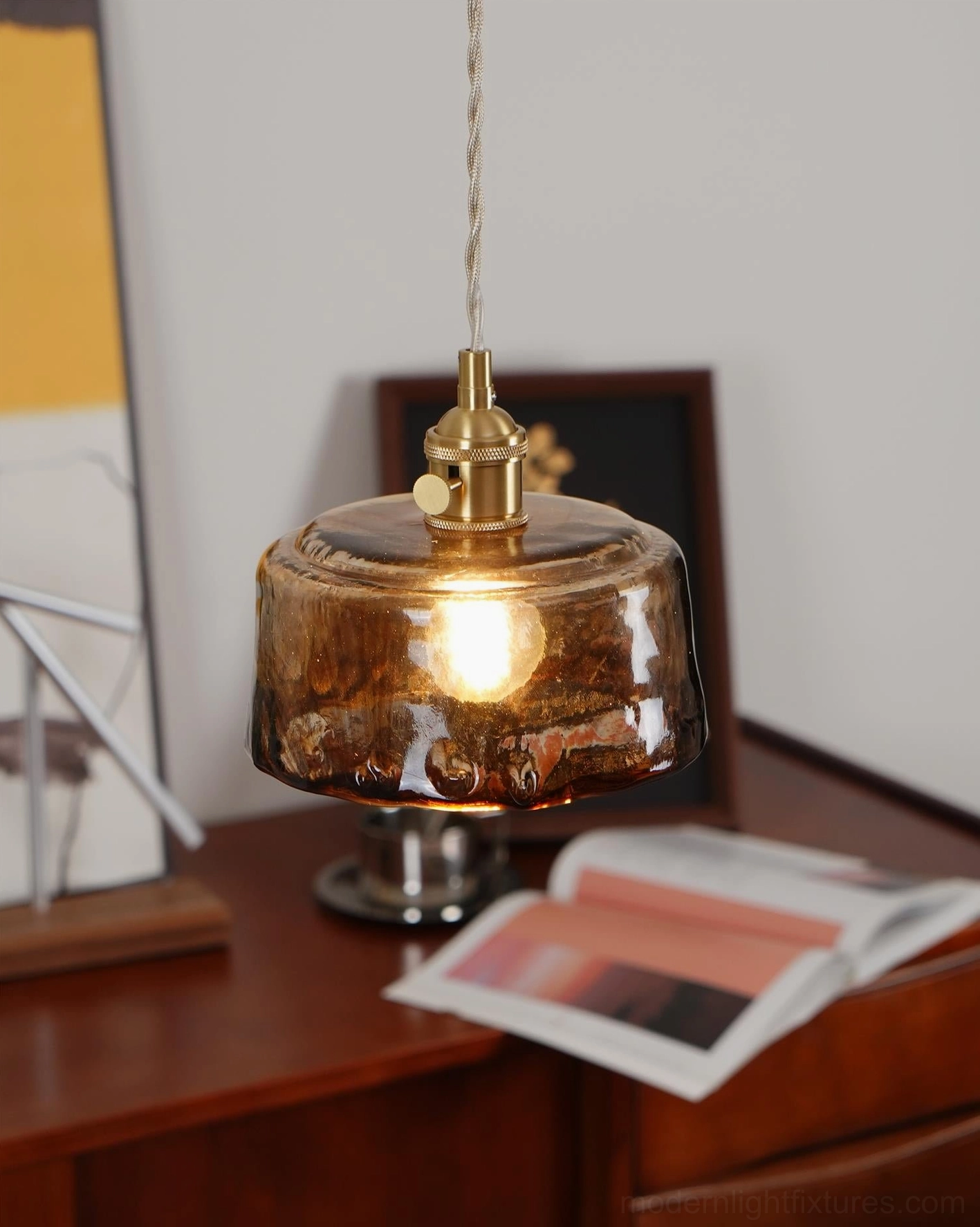 Vintage amber rippled glass pendant light with brass base - artisanal craftsmanship