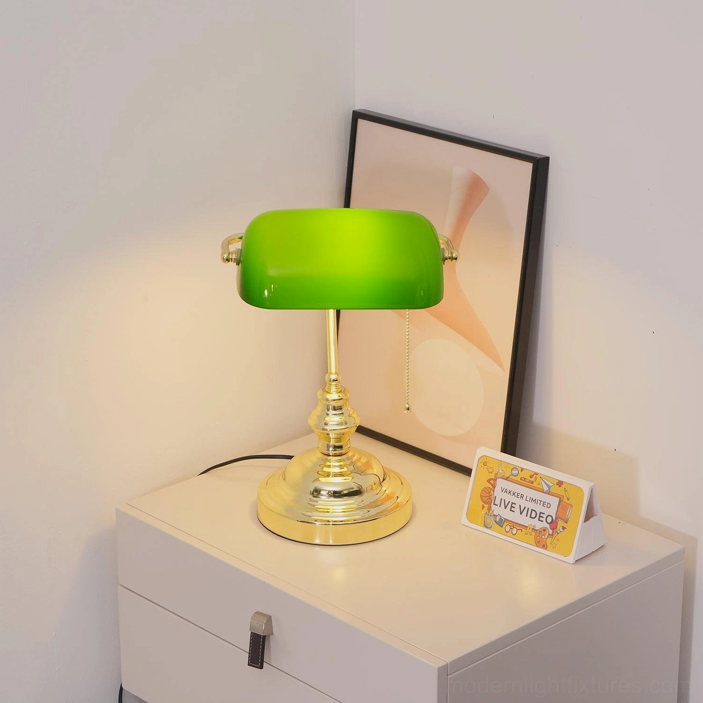 Vintage banker table lamp adjustable metal arm pull chain switch green shade